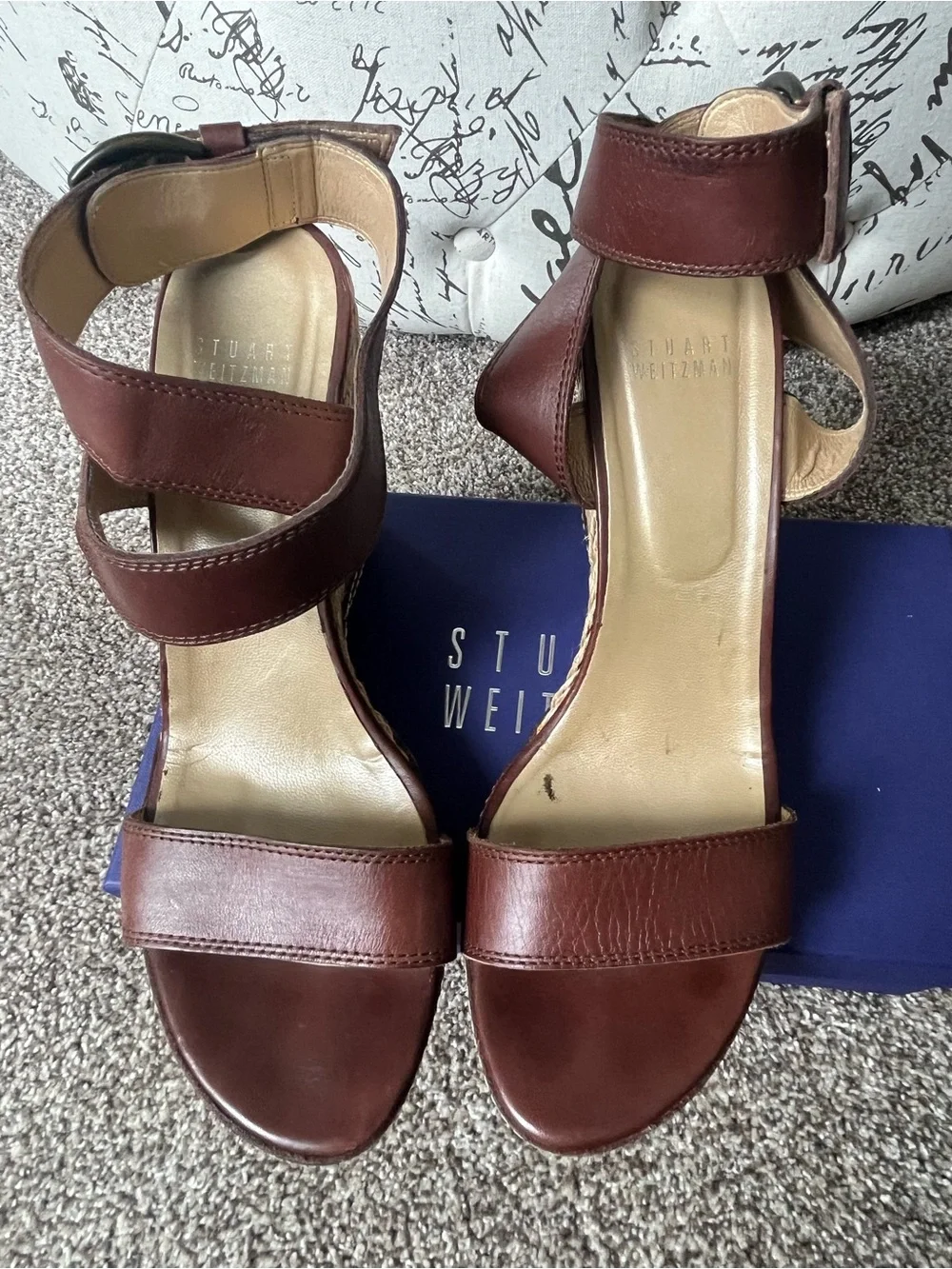 Stuart Weitzman Cognac Brown Leather Espadrille Wedge Sandals. Size 11 - Picture 6 of 16